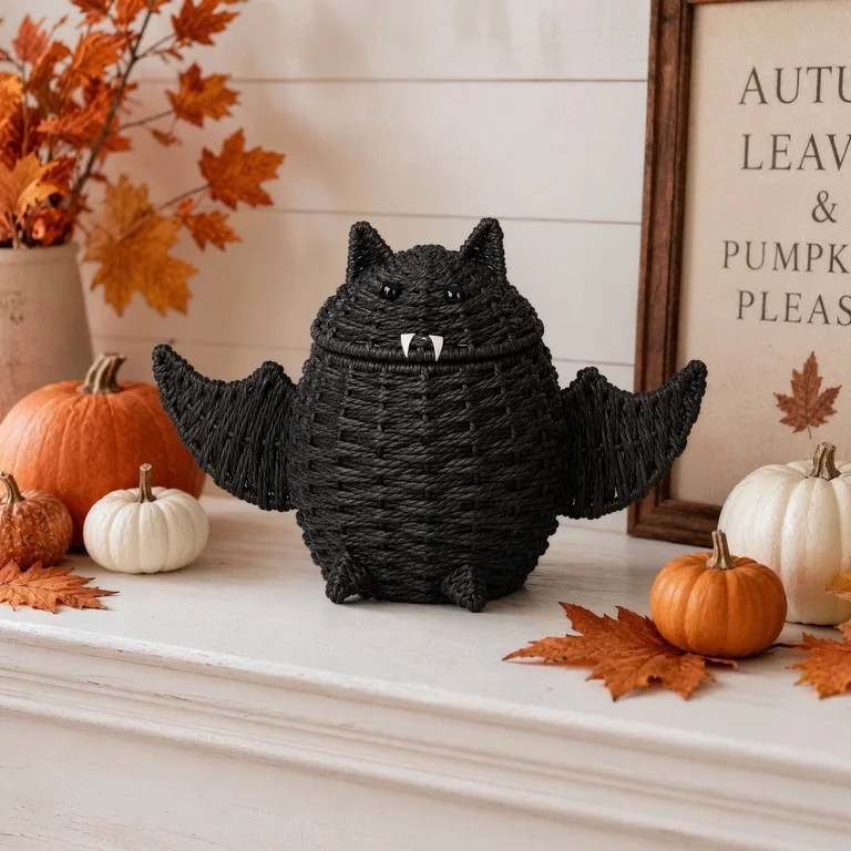Gomind Halloween Woven Bat Storage Basket 15.75"x10.63", Handcraft Rattan Bat Candy Bowl with Lid... | Walmart (US)