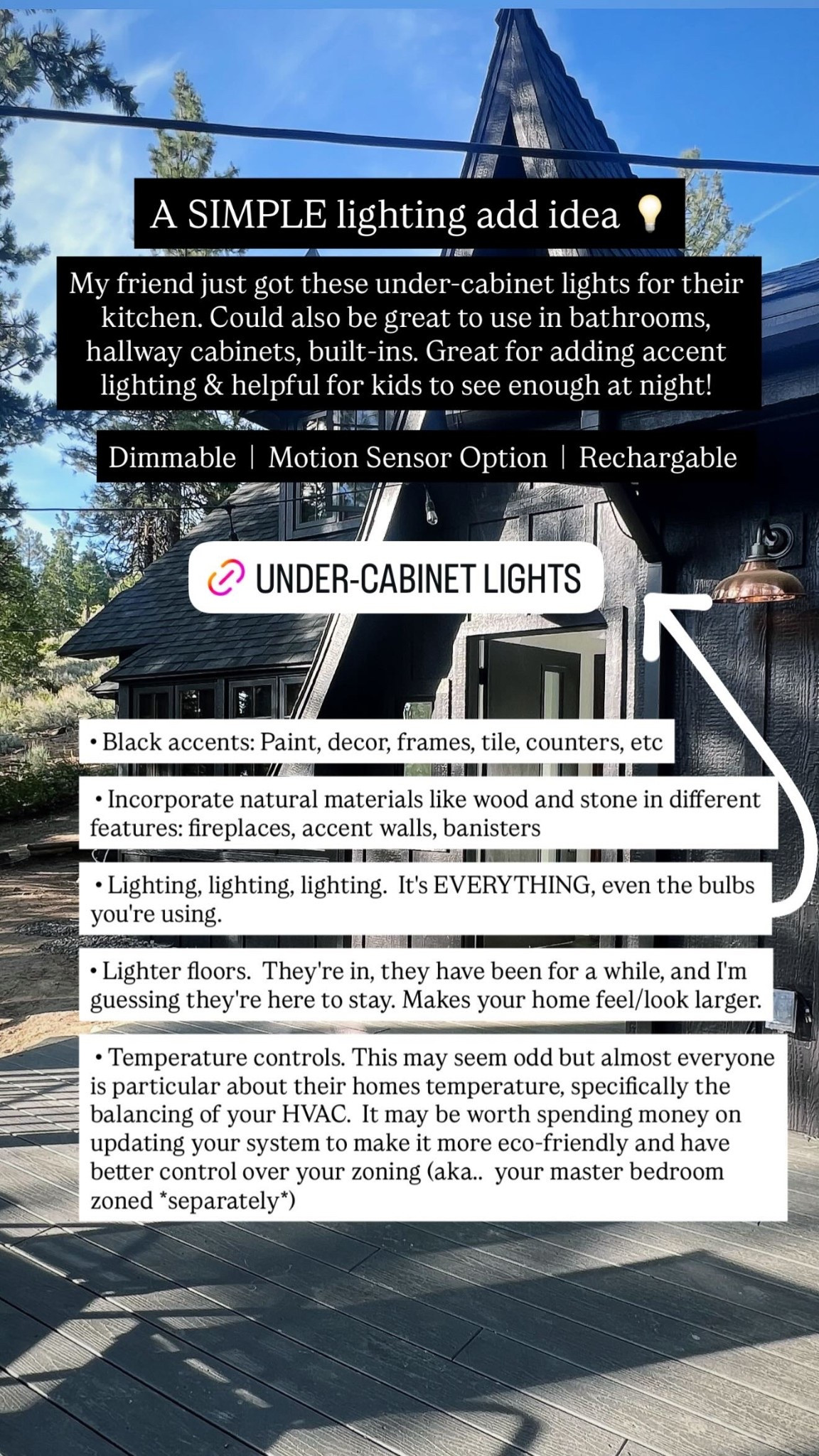 A SIMPLE lighting add idea 💡 My friend just got these under-cabinet lights for their kitchen. Could also be great to use in bathrooms, hallway cabinets, built-ins. Great for adding accent lighting & helpful for kids to see enough at night!  Dimmable |  Motion Sensor Option |  Rechargable