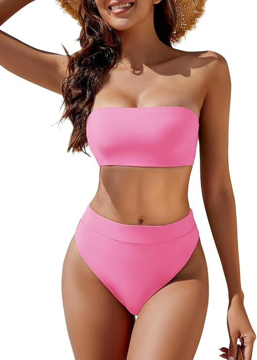 YACUN Women's High Waisted Bikini Swimsuit Two Piece Strapless Bandeau Cheeky Bathing Suits | Amazon (US)