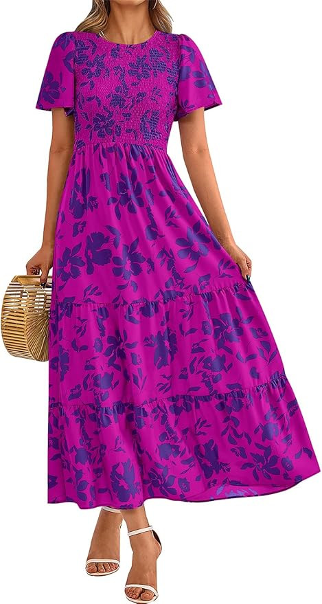 PRETTYGARDEN Women's 2026 Summer Casual Flutter Short Sleeve Boho Floral Maxi Dress Crew Neck Smo... | Amazon (US)