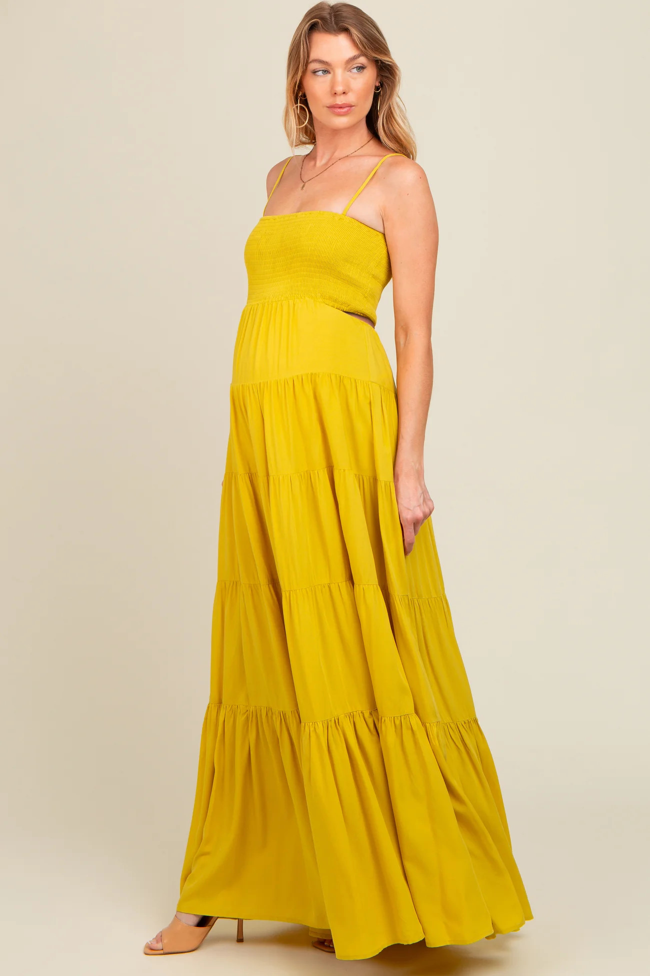 Yellow Smocked Cutout Maternity Maxi Dress | PinkBlush Maternity