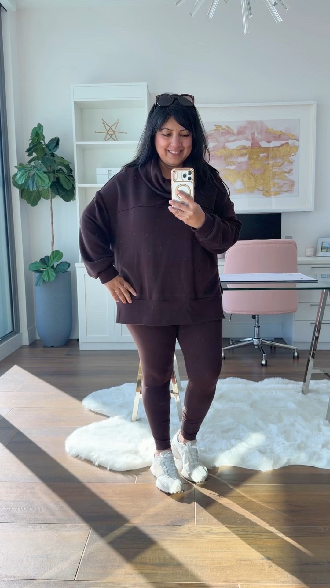 Today’s cozy set for running errands! Love this chocolate brown Varley set that’s a great for lounging at home, running errands and it’s the perfect airport outfit and travel outfit for long flights too! Varley oversized cowl neck tunic sweatshirt with gold zipper details size large and Varley leggings size large. Wearing both in the color coffee bean. So soft, comfy and cute! New Balance 327 sneakers true to size. 

#LTKootd #LTKActive #LTKTravel