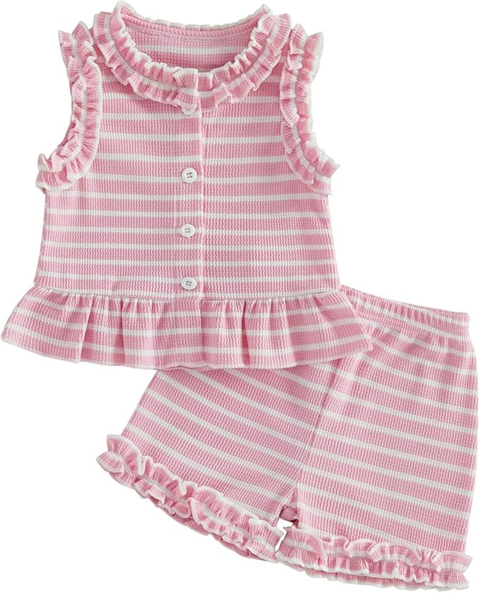 WZTYYDS Toddler Baby Girl Clothes Summer Sleeveless Ruffle Tops Buttons Shirt Shorts Set Waffle K... | Amazon (US)