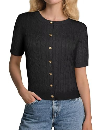 GRACE KARIN Black Cardigan for Women Short Sleeve Knit Cardigan Sweater Button Up Lightweight Crewneck Cardigan Shrugs L | Amazon (US)