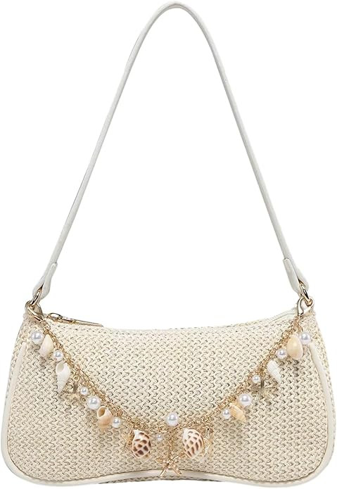 Verdusa Women's Boho Seashell Pearl Beaded Straw Bags Zipper Single Strap Underarm Purses | Amazon (US)