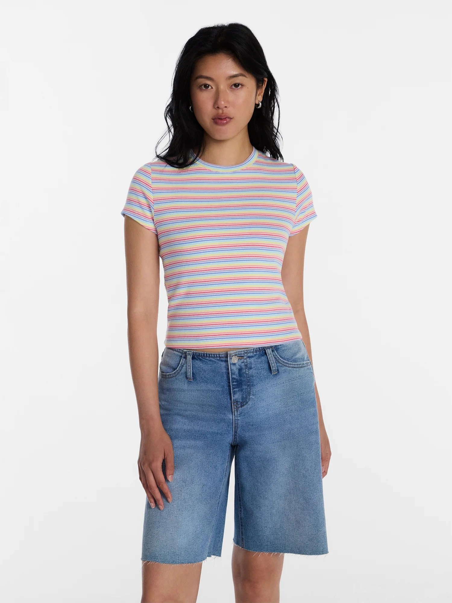 No Boundaries Ribbed Striped Cotton Baby Tee, Women's XXS-XXL | Walmart (US)