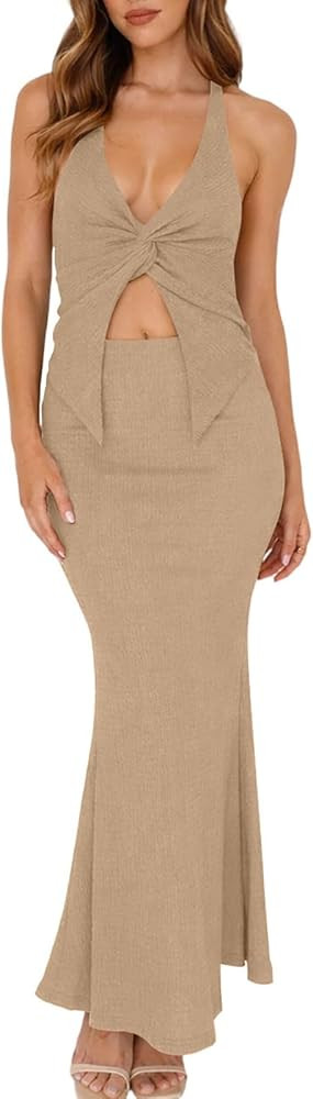 IHOT Women's 2 Piece Skirt Sets Halter Neck Twist Front Cutout Cami Top Fishtail Maxi Skirt Summe... | Amazon (US)