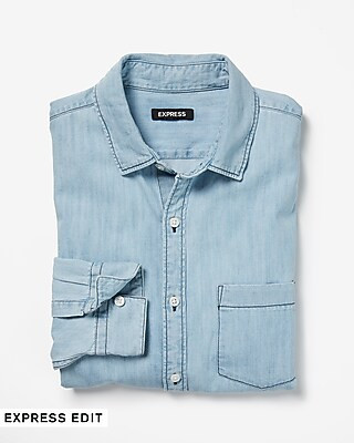 Slim Long Sleeve Light Wash Denim Shirt | Express