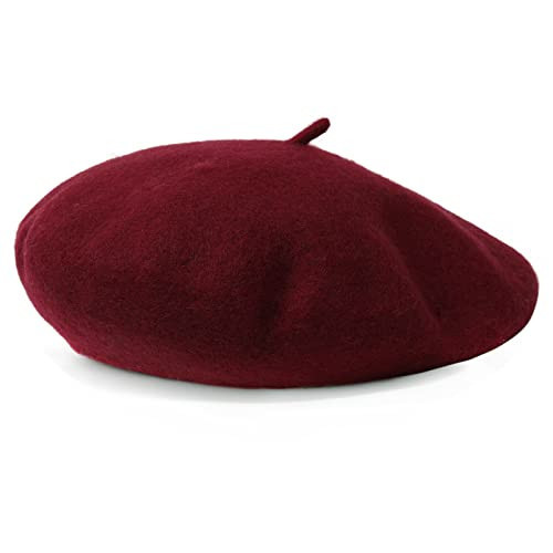 Women French Wool Beret Hats - Solid Color Classic Beanie Winter Cap(Wine red) | Amazon (US)