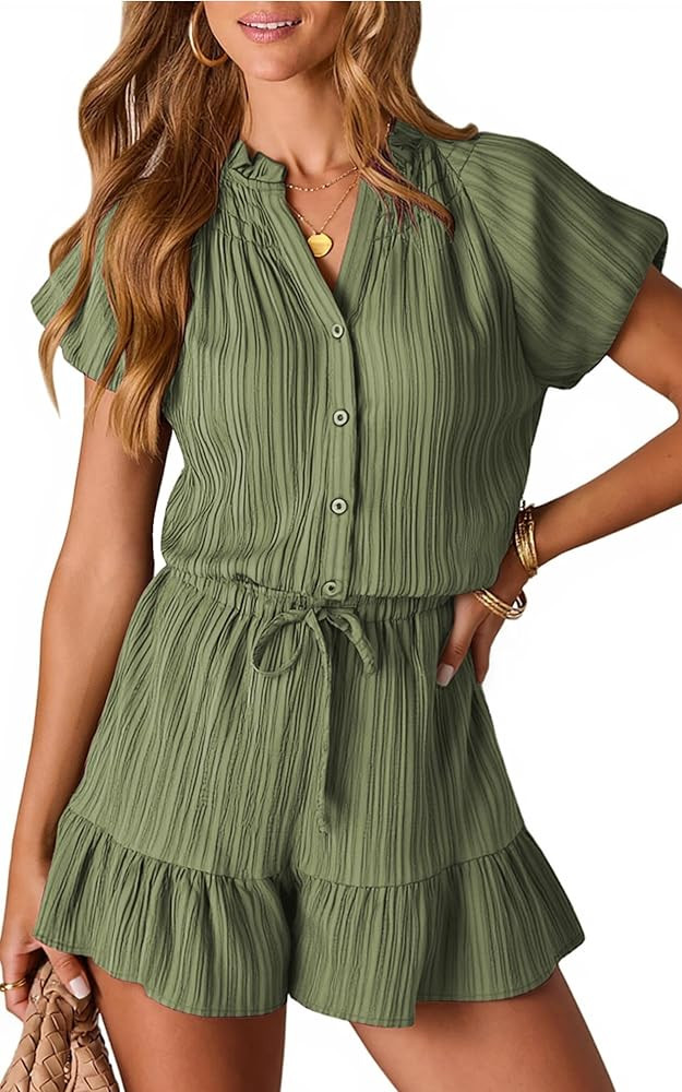 Angashion Womens Summer Shorts Rompers V Neck Puff Sleeve Casual Button Up Wide Leg Elastic Waist... | Amazon (US)