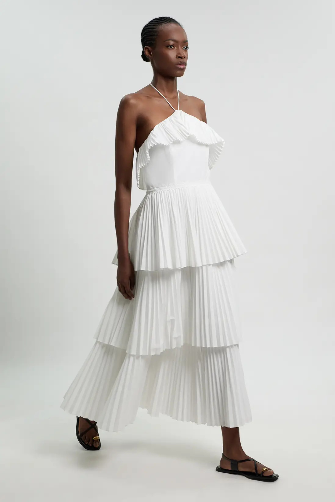 Cotton Poplin Pleat Detail Halterneck Woven Maxi Dress | Karen Millen