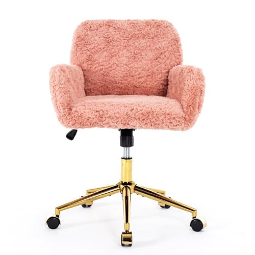 Shenyon Pink Desk Chair Faux Fur Vanity Chair, Comfortable Home Office Chair with Wheels for Women, Swivel Wide Office Chair Makeup Chair Height Adjustable for Office, Study, Bedroom, Pink | Amazon (US)
