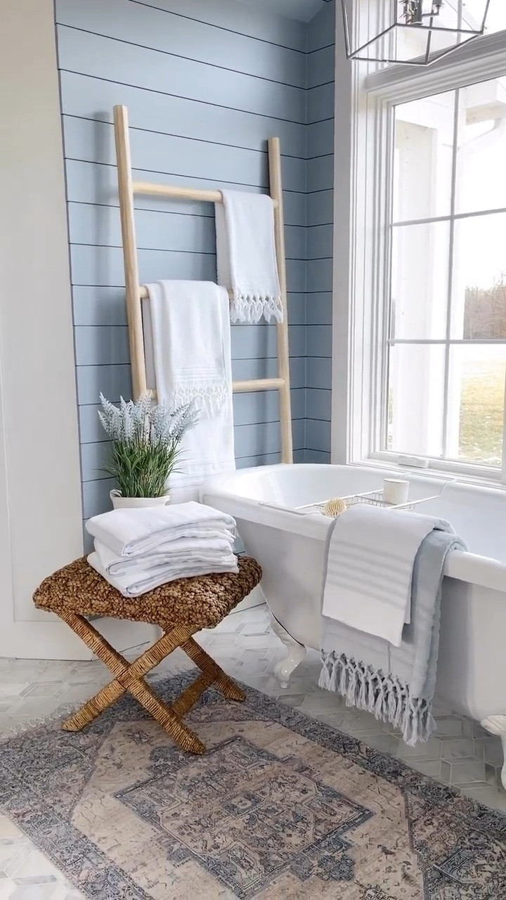 Master bathroom decor and light fixture - stool, leaning ladder, and towels from Serena & lily 
#LTKhome



#LTKStyleTip