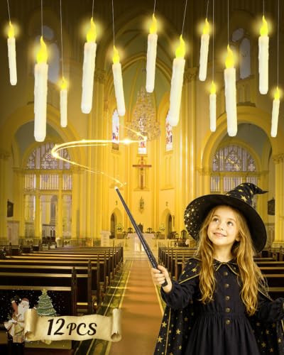 WEIBOLT Flameless Floating Candles with Wand，12 Pcs Magic LED Hanging Taper Candles，Flickering Battery Operated Taper Candle with Wand Remote for Halloween Decorations | Amazon (US)