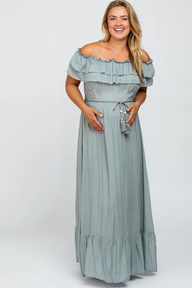 Sage Off Shoulder Tassel Tie Maternity Plus Maxi Dress | PinkBlush Maternity