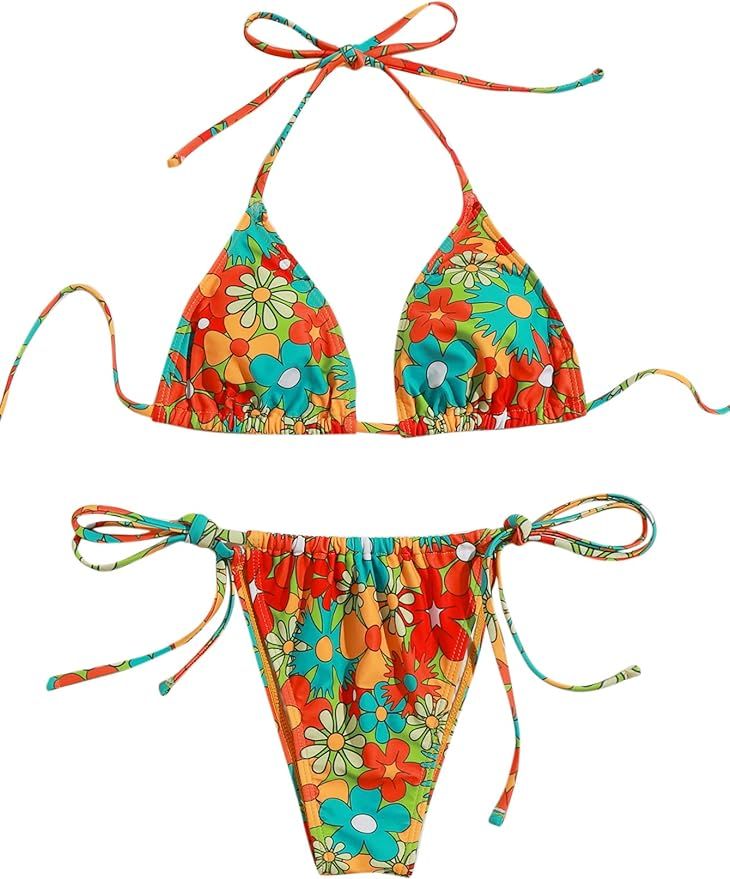 SOLY HUX Women's Floral Print Bikini Sets Halter Tie Side Triangle Sexy Swimsuits | Amazon (US)