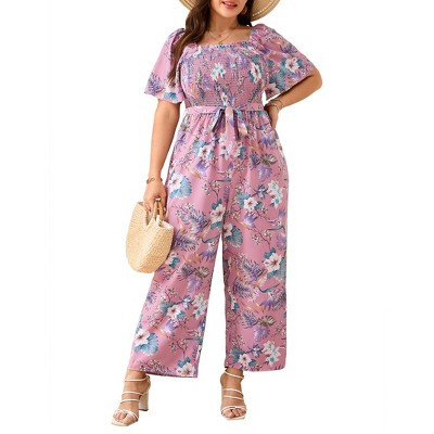 Coolmee Womens Plus Size Jumpsuits Dressy Casual Floral Spring Wide Leg Smocked Ruffle Sleeve Belted One Piece Romper Outfits Pink 3XL | Target