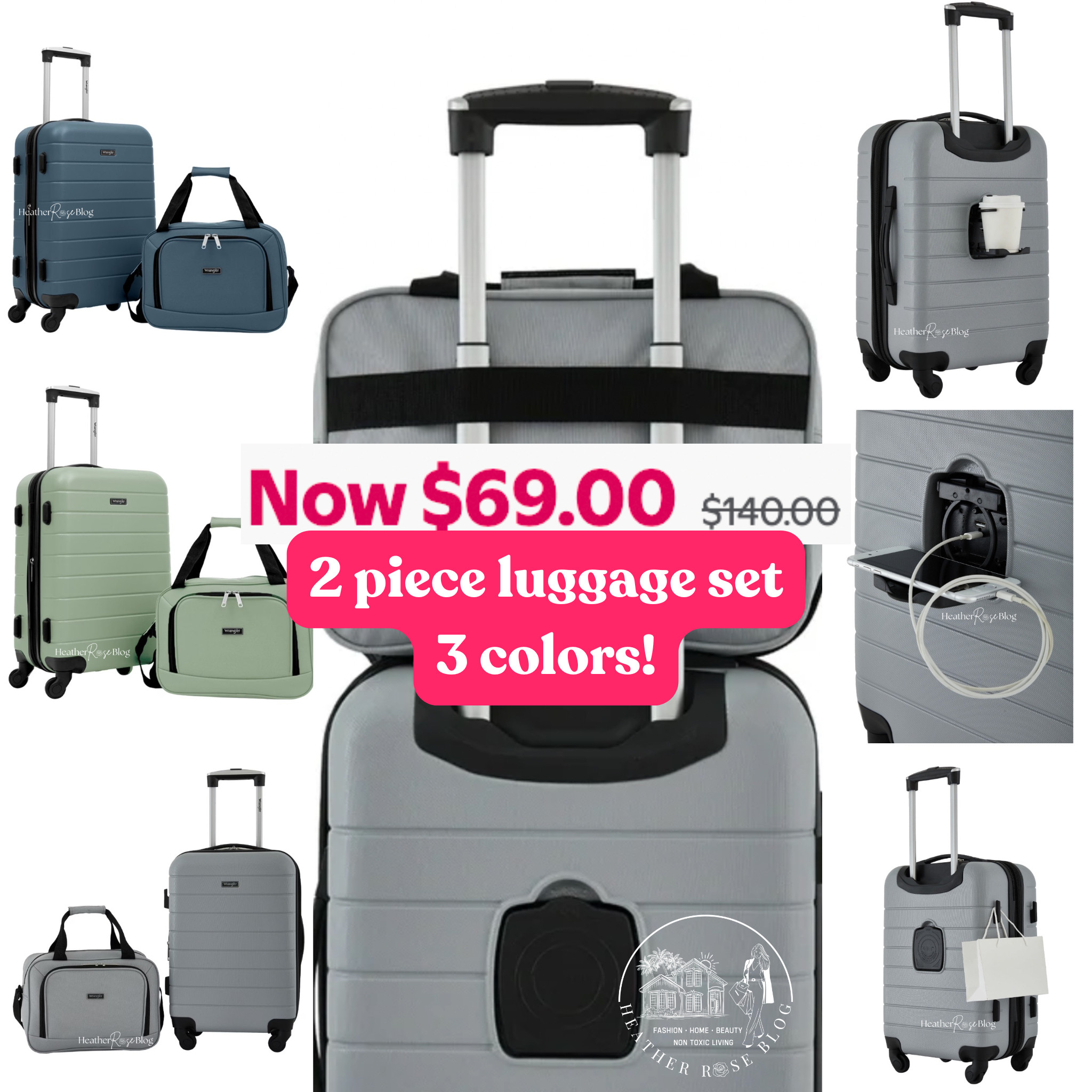 traveling any time soon? this 2 pc luggage set comes in 3 colors, has a built in cup holder, charging port and hook for a bag!!! 51% off! Now 💲69 was $14O!  

 #LTKOver40 #LTKSaleAlert #LTKTravel