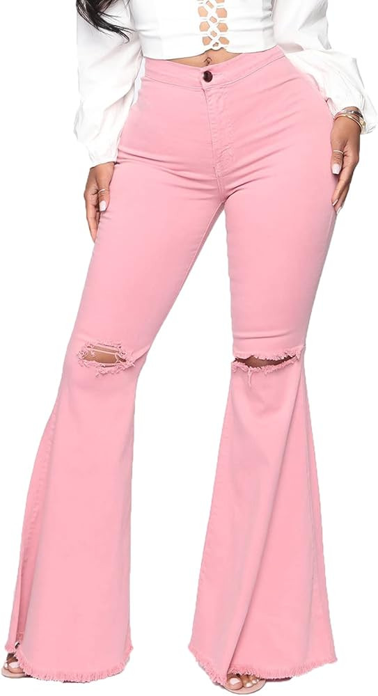 vunahzma Women's Bell Bottom Jeans Elastic Waist Ripped Flared Jeans Denim Bell Bottom Plus Size ... | Amazon (US)