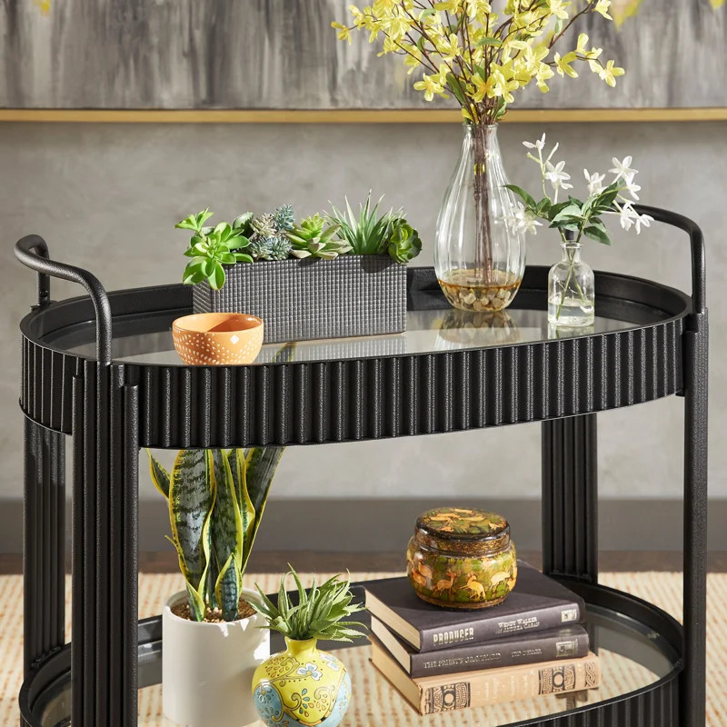 Mcmullen Black Finish Metal Oval Bar Cart With Clear Tempered Glass | Wayfair North America