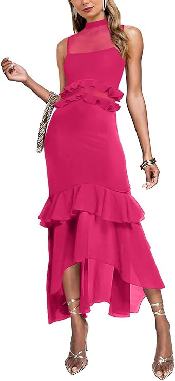 Aisbei Women's Elegant Bodycon Maxi Dress Mock Neck Sleeveless Mesh Ruffle Dress Party Cocktail F... | Amazon (US)