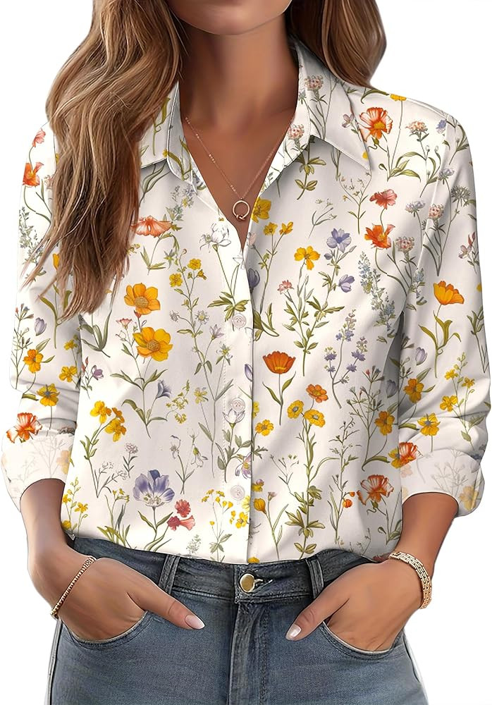 Zeagoo Button Down Shirts for Women Dressy Floral Printed Long Sleeve Blouse Business Casual Work... | Amazon (US)