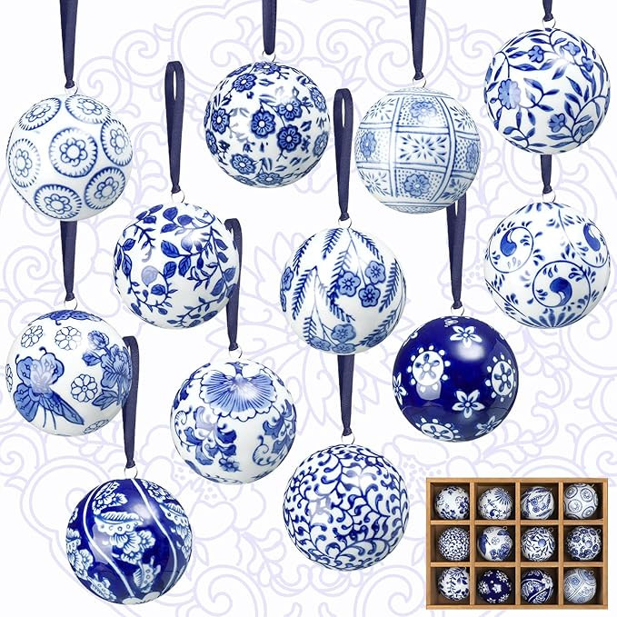 Cindeer 12 Pcs Christmas Porcelain Balls 2.4 Inch Blue and White Porcelain Chinoiserie Ornament B... | Amazon (US)