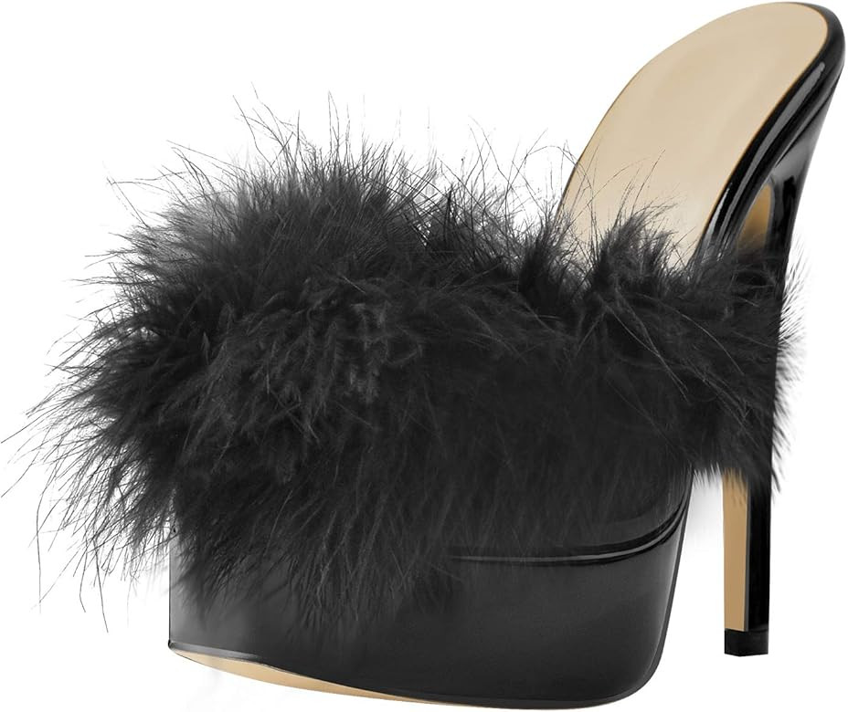 onlymaker Women's Fluffy Fur High Heel Slip On Mules Slide Slippers | Amazon (US)