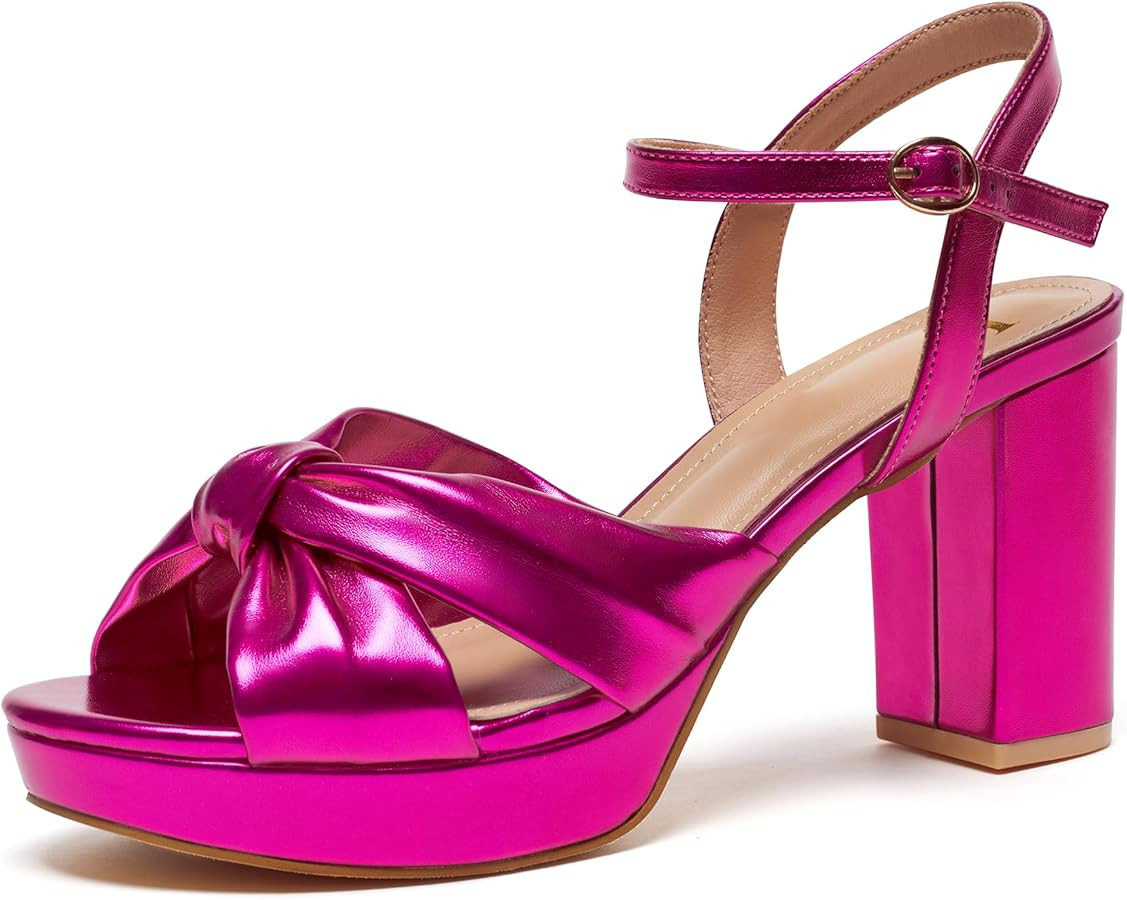 Women's Chunky Platform Heels with Adjustable Ankle Strap - Open Toe Bowknot Block Heel Strappy S... | Amazon (US)