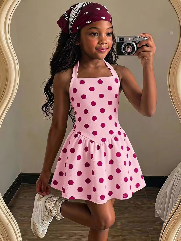 SHEIN Young Girl Summer Casual Polka Dot Print Backless Halter Neck Dress | SHEIN
