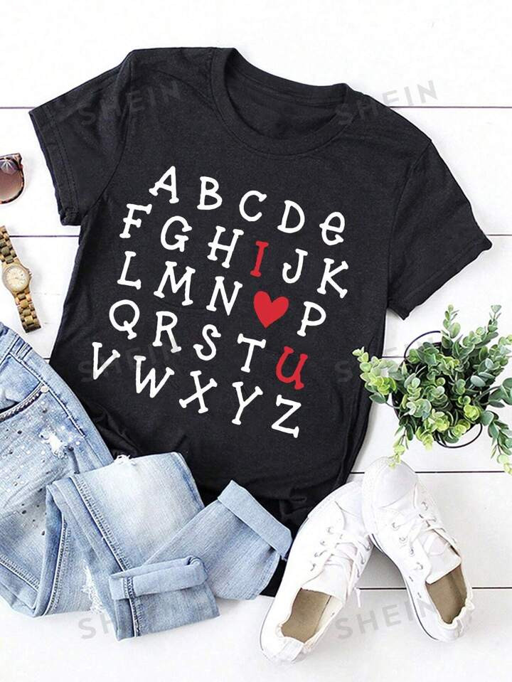 SHEIN Essnce Alphabet Letter Print T-Shirt For Valentine's Day, Women Plus Alphabet ABC I Love Yo... | SHEIN