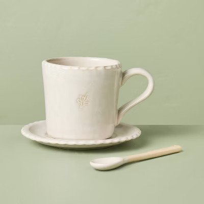 6 fl oz Pinched Edge Teacup with Saucer and Spoon Sour Cream - Hearth & Hand™ with Magnolia | Target