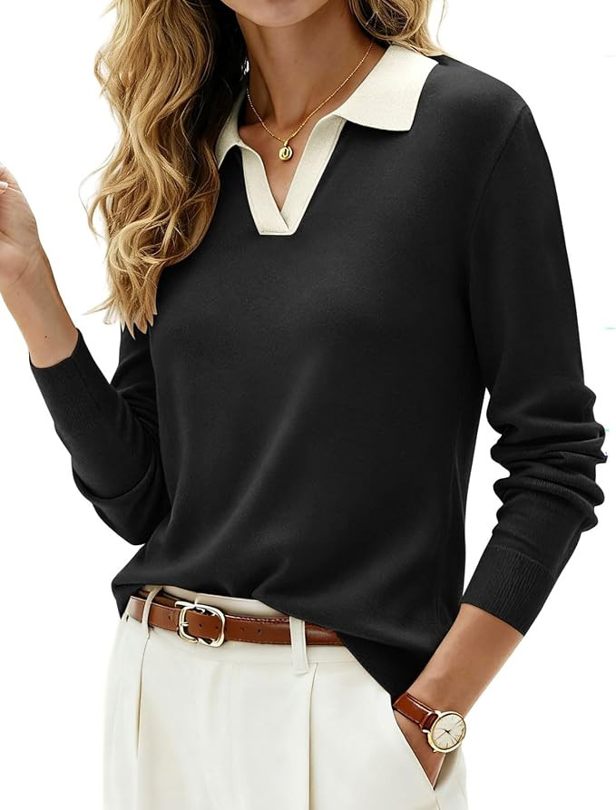 Kate Kasin Women Wool Blend V Neck Sweater, Long Sleeve Polo Shirt Collared | Business Casual Top... | Amazon (US)