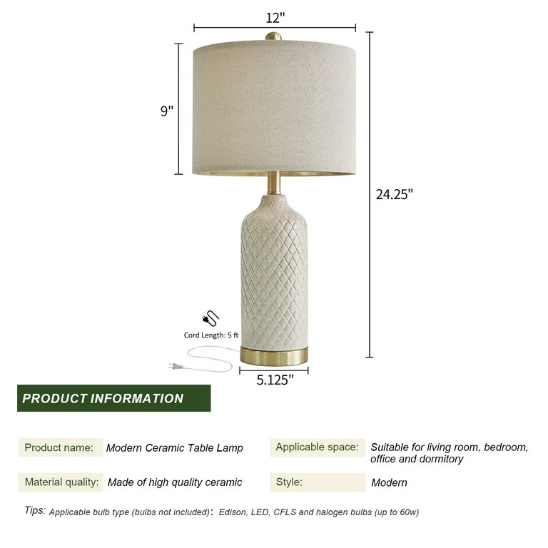 Oneach Ceramic Table Lamps Set of 2 for Living Room Bedroom 24.25" Modern Bedside Nightstand Lamp... | Walmart (US)