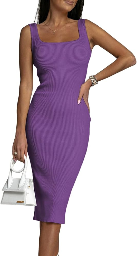 Women's Square Neck Ribbed Knit Sleeveless Fitted Tank Bodycon Party Midi Dress | Amazon (US)