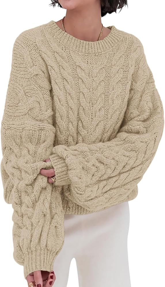 PRETTYGARDEN Womens Sweaters Fall 2025 Cable Knit Long Sleeve Crewneck Oversized Sweater Chunky P... | Amazon (US)