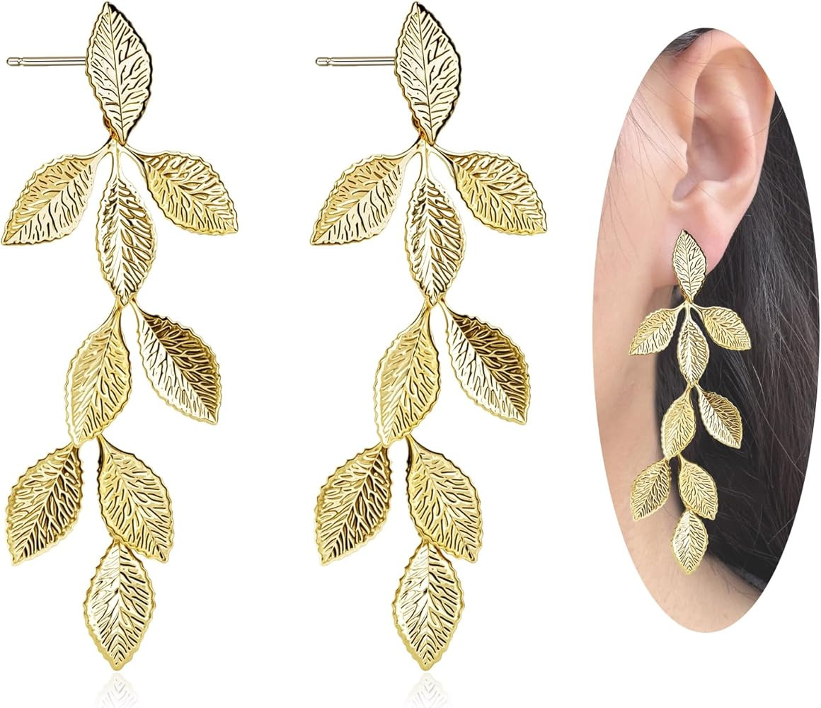 Gold Silver Rose Gold Long Leaf Stud Earrings Lightweight Leaf Dangle Drop Earrings Leaf Jewelry ... | Amazon (US)