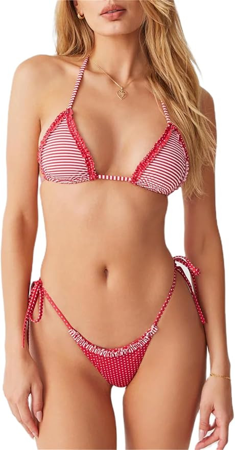 Alyweatry Women Two Piece String Bikini Set Floral Print Halter Side Tie Triangle Thong Swimsuits... | Amazon (US)