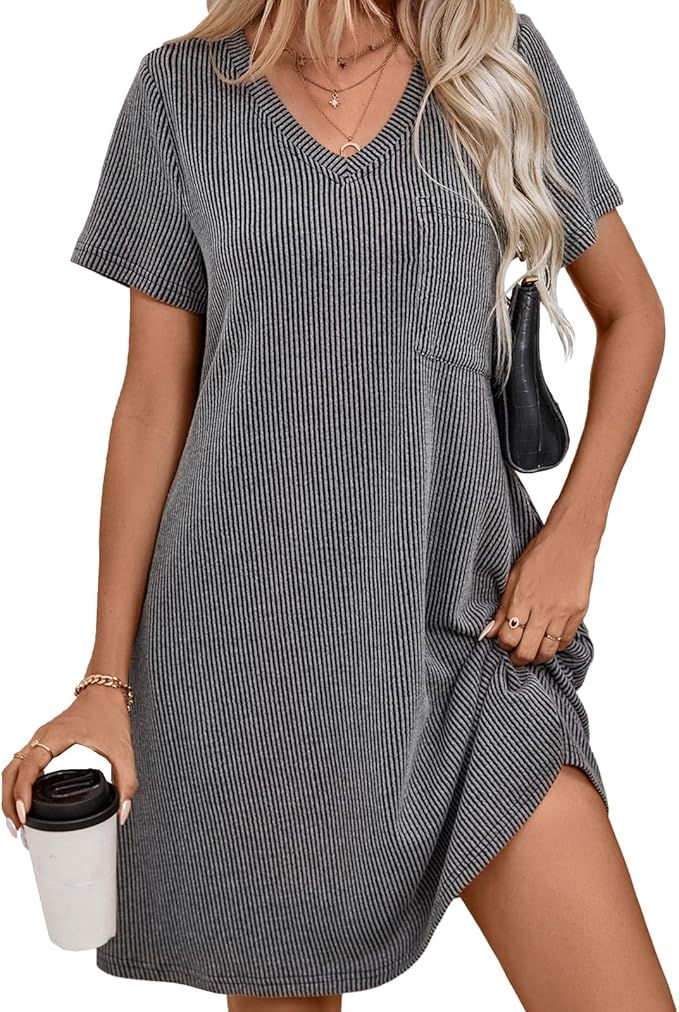 levaca Womens Summer Tshirt Dress 2024 V Neck Short Sleeve Ribbed Casual Dresses with Pocket | Amazon (US)