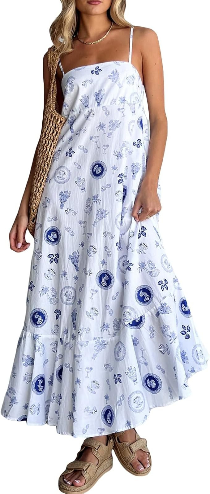 Women Graphic Maxi Cami Dress Spaghetti Strap Floral Boho Long Dress Flowy Summer Holiday Beach D... | Amazon (US)