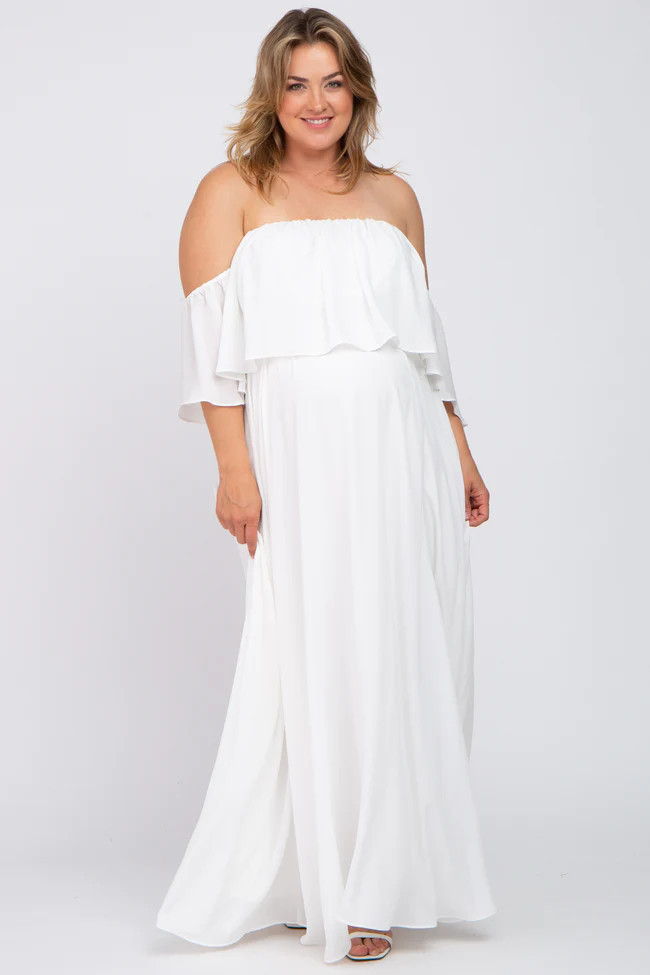 White Chiffon Off Shoulder Maternity Plus Gown | PinkBlush Maternity