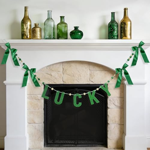 St. Patrick's Day Garland Decorations, 6.1Ft Glitter Sequin Wooden Lucky & Satin Bows Hanging Banner with Pearl Beads, Sanit Patty's Irish Holiday Mantel Fireplace Wall Party Decor | Amazon (US)