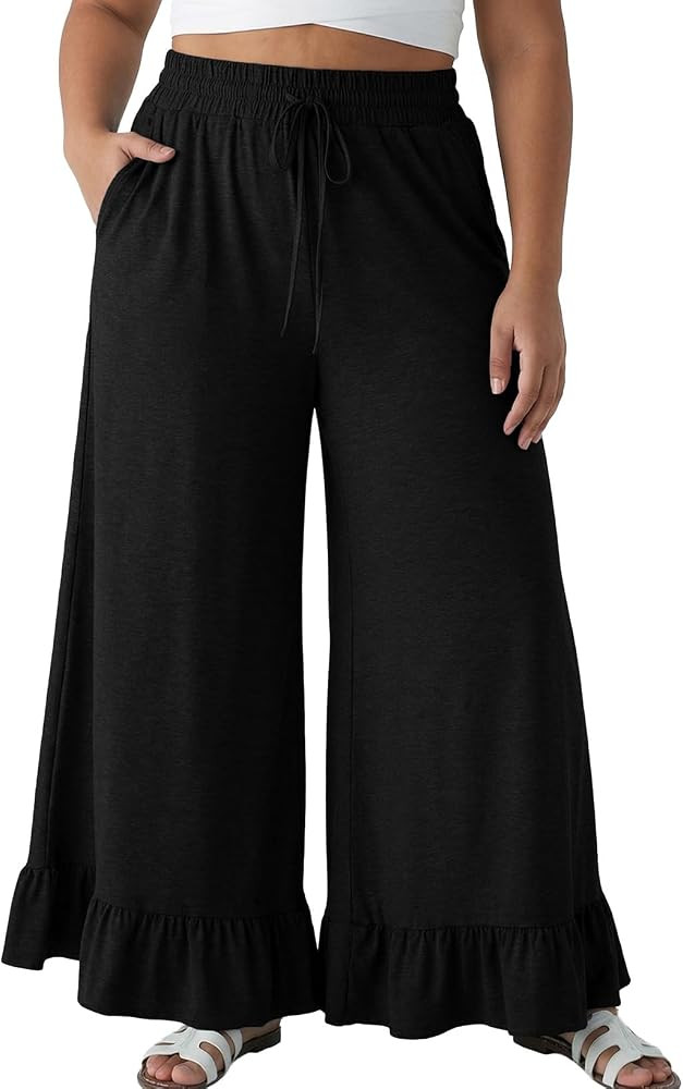 Eytino Womens Plus Size Wide Leg Pants Elastic High Waist Lounge Trouser | Amazon (US)