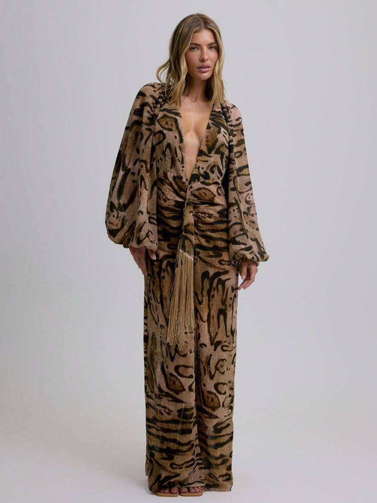 MUSERA Deep V Neck Loose Fit Tassel Detail Zebra Print Elegant Long Sleeved Maxi Dress For Spring Summer Vacation Wedding Guest Ibiza Holiday Festival Summer Outfit Long Dress | SHEIN