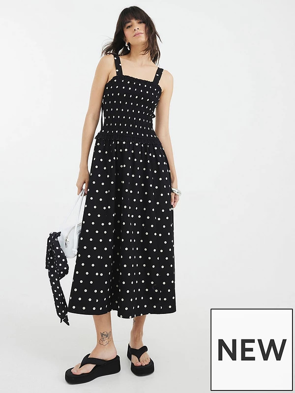 River Island Polka Dot Shirred Midi Dress | Very (UK)