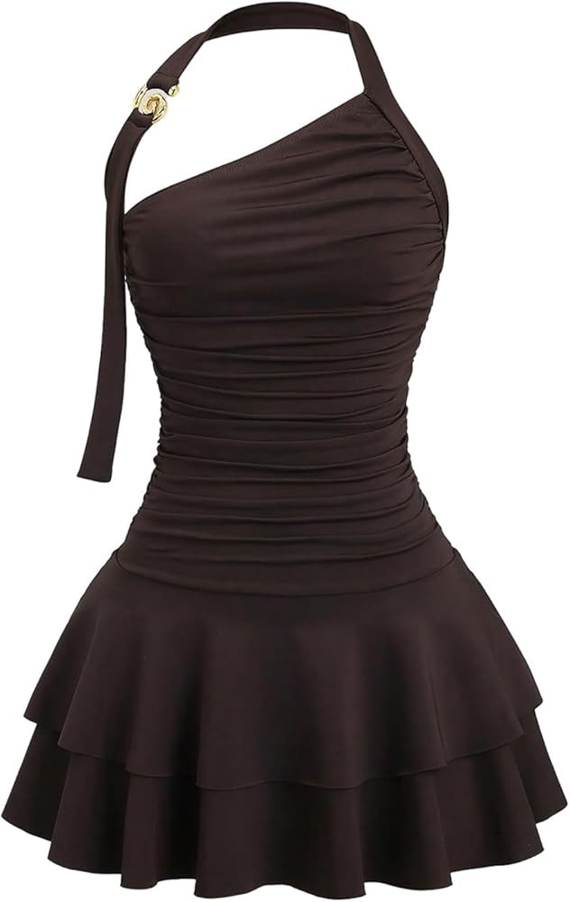 MakeMeChic Women's Y2k Halter Mini Dress Backless Ruffle Short Going Out Dress | Amazon (US)