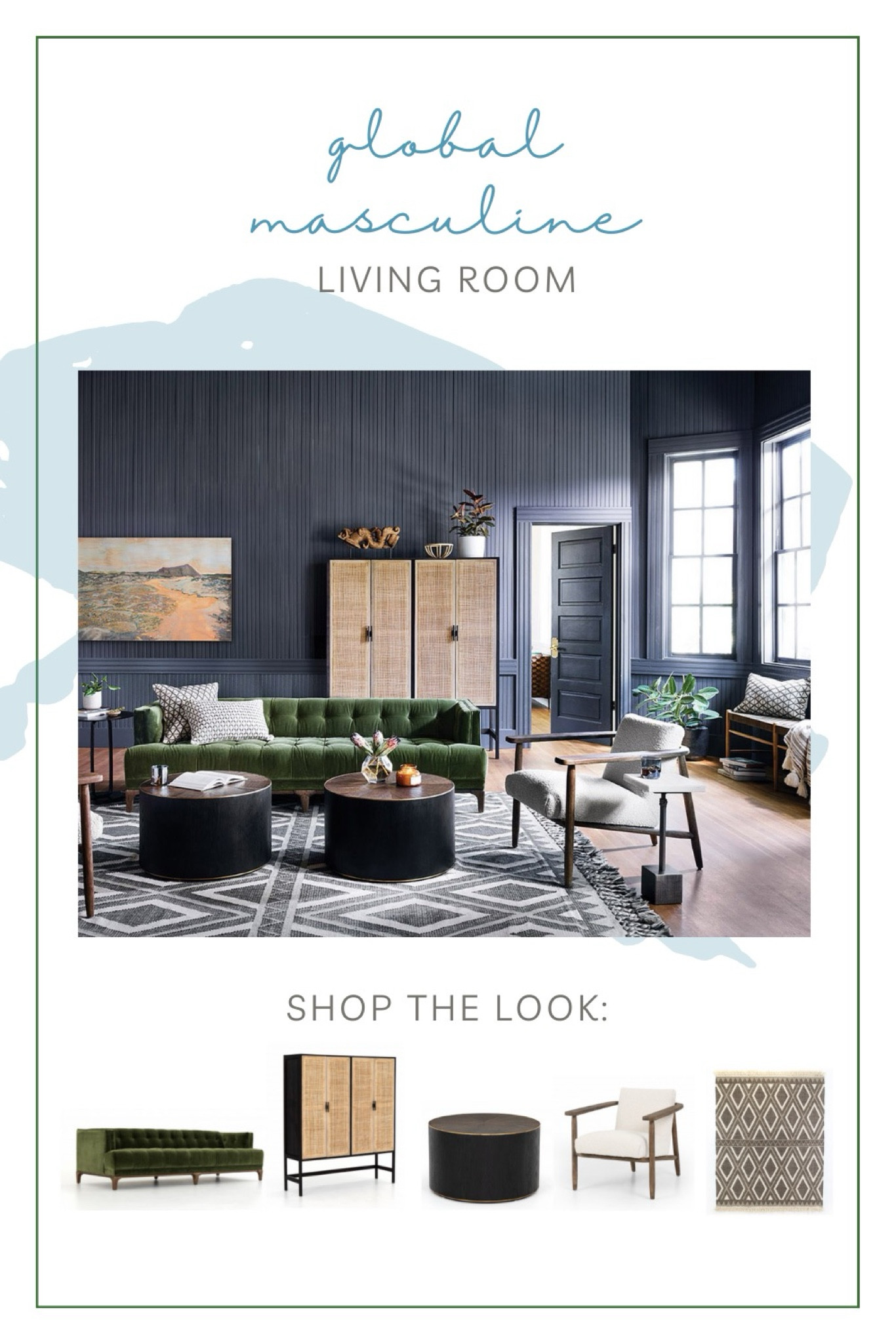 The global masculine design style is taking the world by storm! It features bold cool tones like emerald greens and slate grays. It features large scaled furniture with deep comfortable seating and bold geometric prints. The global aspect comes into play with the use of a large variety of textures and natural elements such as the cane detailing on the cabinet, live edge wood, and of course every room needs a pop of greenery with live plants.

This stunning global masculine living room features navy blue slat panel walls contrasted with a large oversized, tall cane cabinet. The emerald green tufted sofa is the perfect pop of color to the rest of the room. This low, deep seated sofa has a classic masculine design but is still very comfortable. This pair of midcentury modern chairs feature high arms, a comfortable deep sit, and soft textured beige fabric to contrast the dark wood tones. A pair of round metal coffee tables features a brass base and an oak starburst inlay top. The diamond rug is available in 2 sizes: 8’x10′ and 9’x12′. 

Dupe dupes more affordable option find replica copy cat similar look for less budget friendly affordable cheap cheaper beautiful pretty. Clearance sale coupon code discount code promo code luxury lookalike look a like Inspo inspiration inspired by idea ideas Love dupes like these? I share multiple every day in my FB group “DAILY DECOR DUPES”

#LTKHome