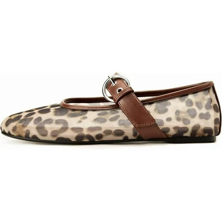 Leopard Print Flats for Women, Mesh Round-Toe Comfort Flats with Ankle Strap, Breathable Design | Walmart (US)