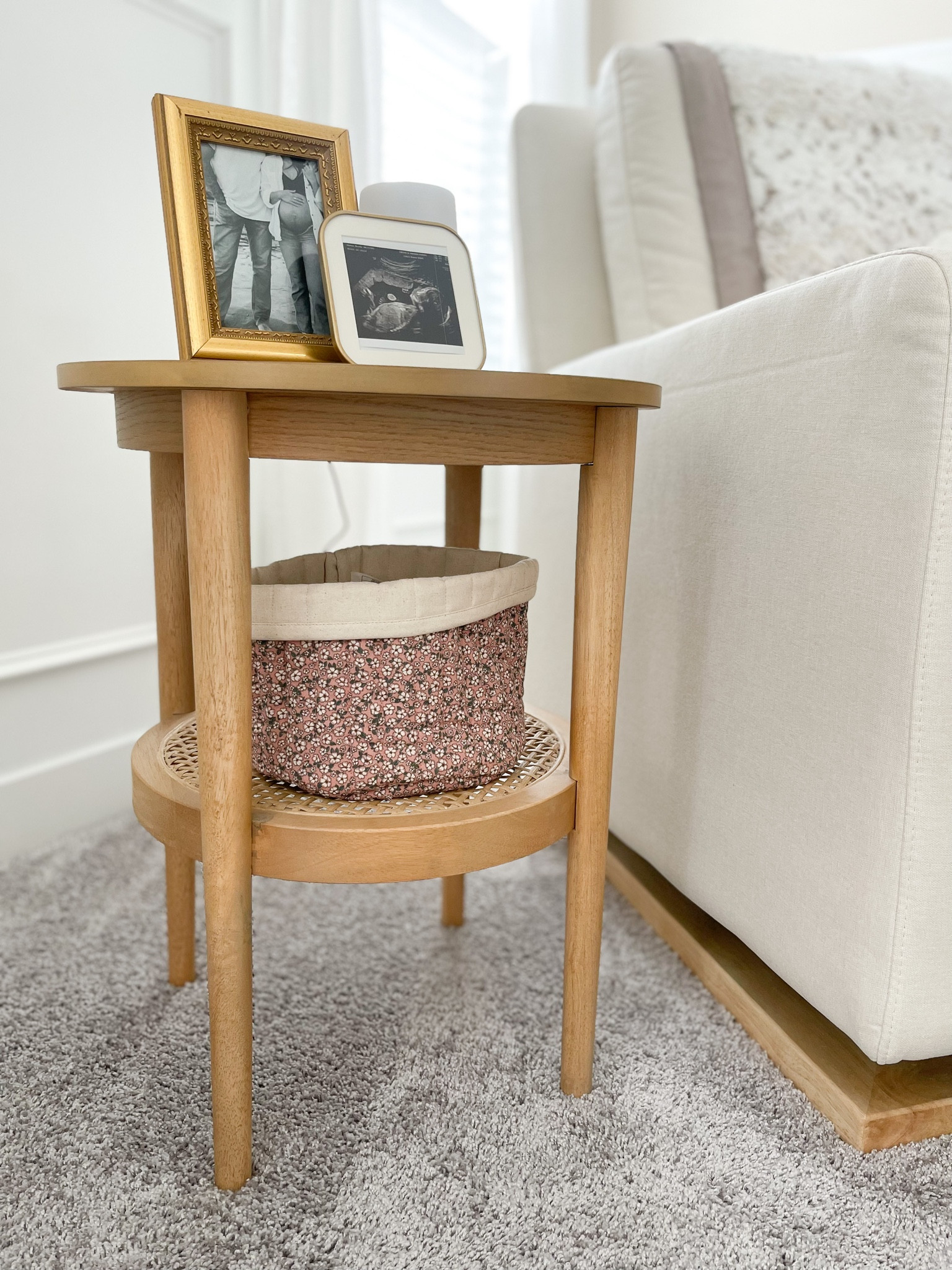 Nursery room side table 🤍 floral basket, baby, picture frame, neutral, modern, transitional

#LTKhome #LTKbaby #LTKSale