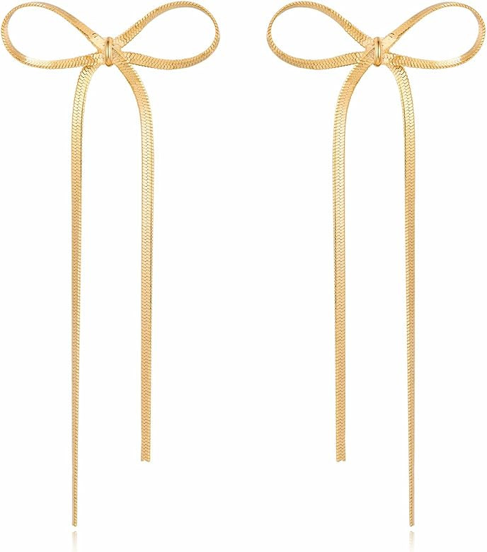 Gold Silver Bow Drop Earrings for Women Long Tassel Chain Bow Earrings Ribbon Bowknot Dangle Earr... | Amazon (US)